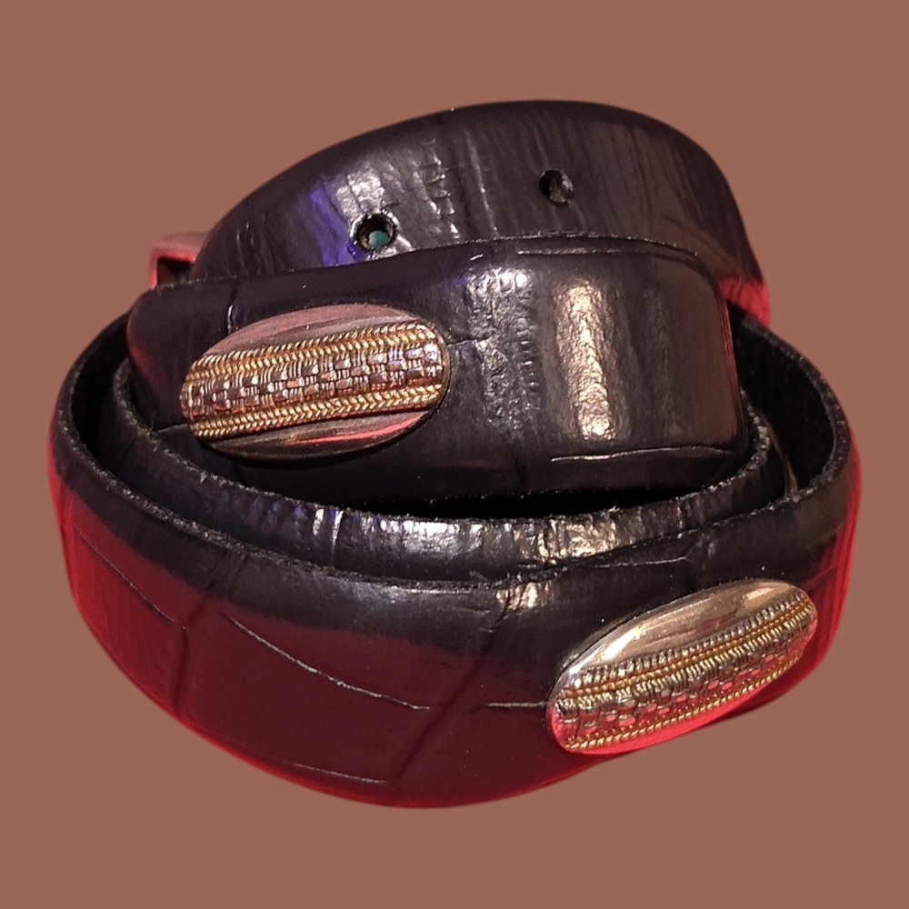 Men's Black Leather Belt with Gold Embellished Buckle